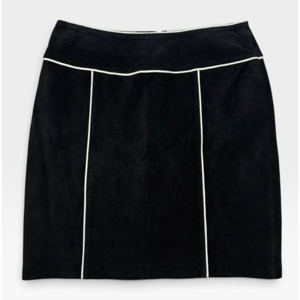 Y2K Black Suede Leather Mini Skirt White Piping Clothes by Revue Back Zip 4